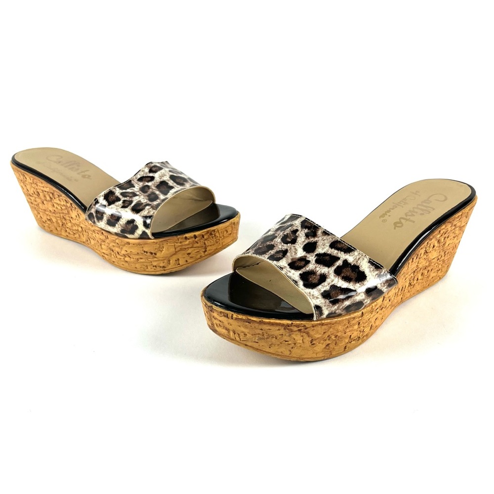 Callisto Of California Patent Leopard Cork Wedges